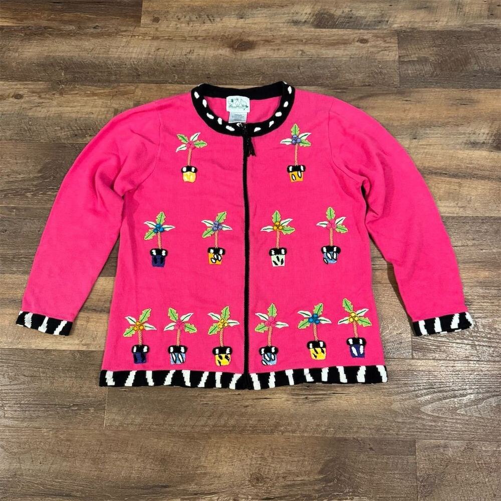 Quacker Factory Pink Cardigan Sweater 3D Embroidered Twee Teacher Potted Plants